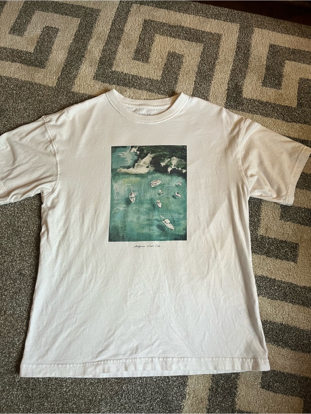 American Eagle Outfitters White Short-Sleeve Tee with Teal Boat Graphic